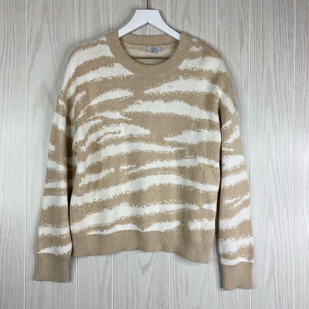 Rails Womens Cashmere Sweater Virgo Tan & White Print Crew Neck Pullover Medium